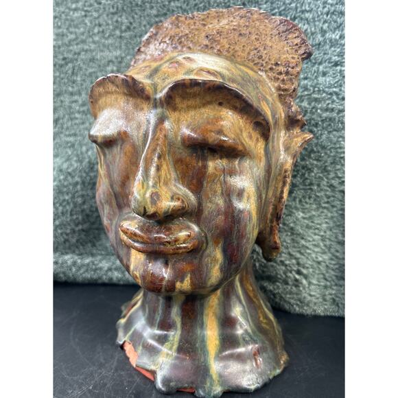Clay Sculpture of Buddha Head Glazed Vintage Gorgeous - Picture 8 of 10